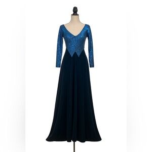 Tadashi Long-Sleeve Sparkle Deep V Neck Gown Black And Blue
